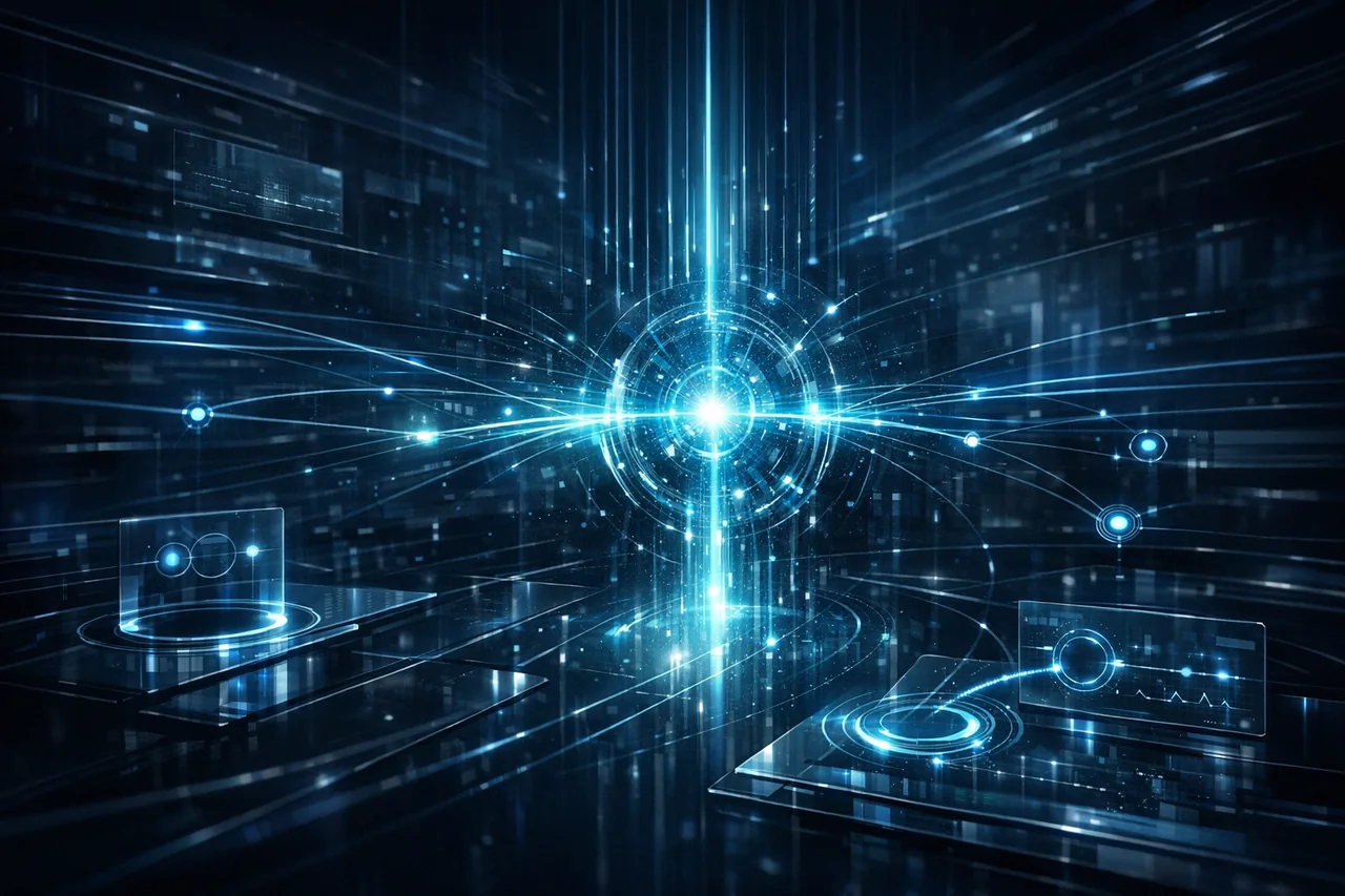 Abstract technology visual about project kickoff and system alignment
