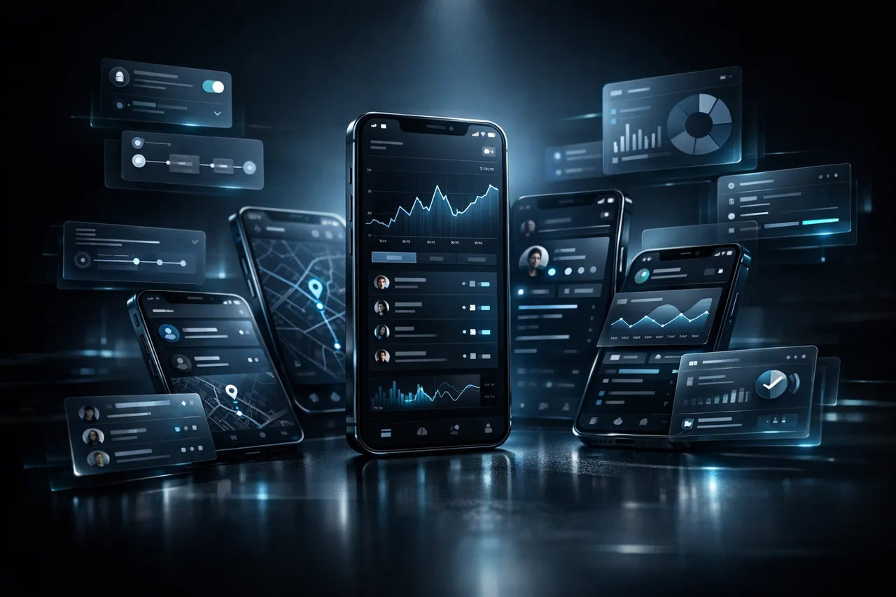 Premium mobile product visual with polished app interfaces