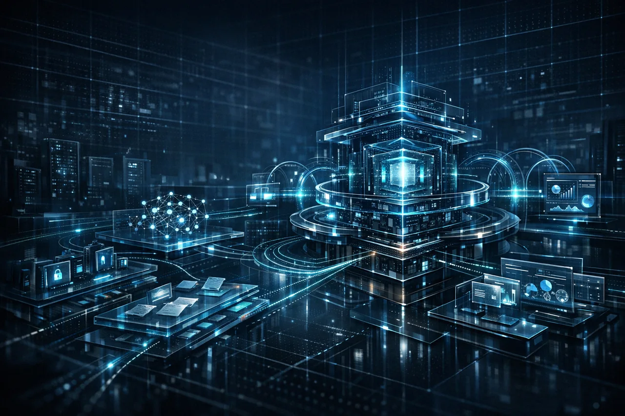 Detailed AI integration visual with connected systems and data flows
