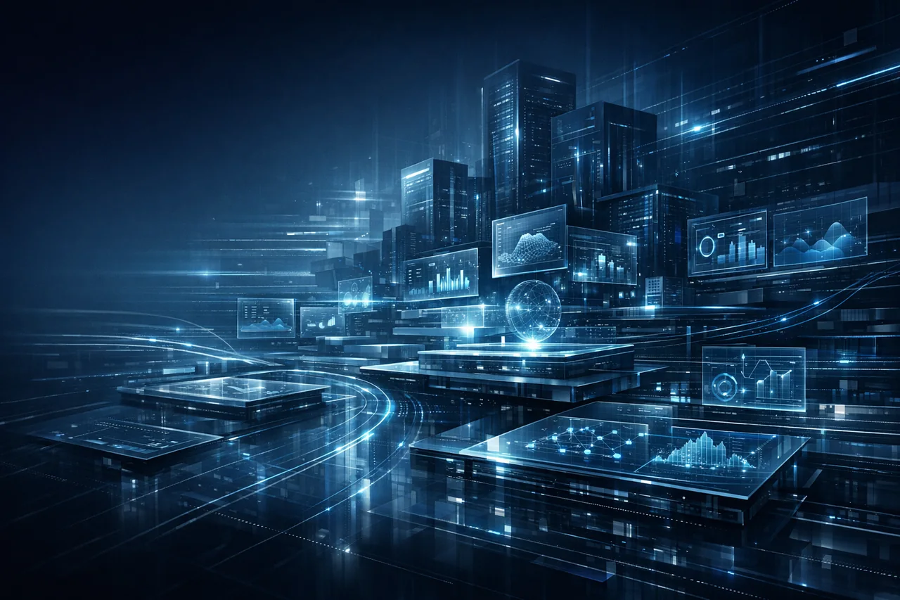 High-end technology visual showing a layered digital product ecosystem